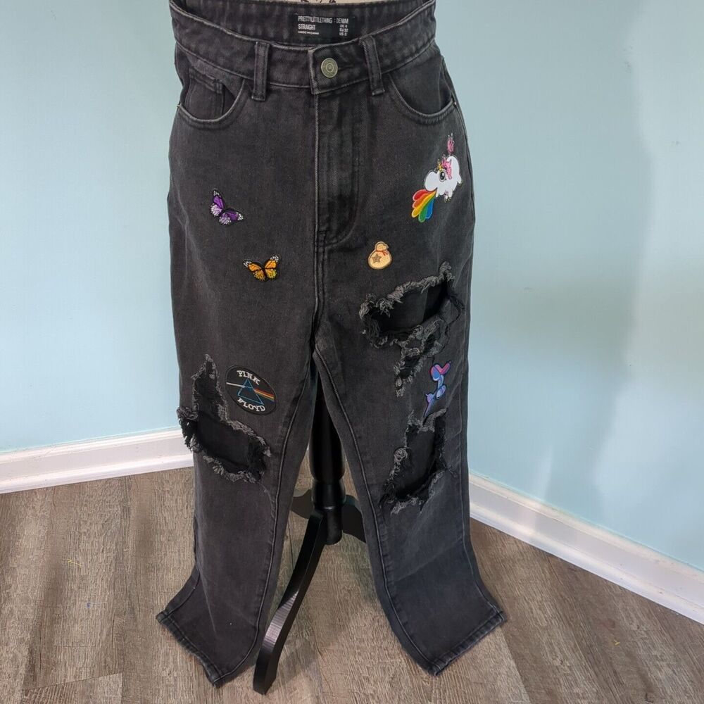Pretty little things jeans 0 straight distressed patches grunge emo